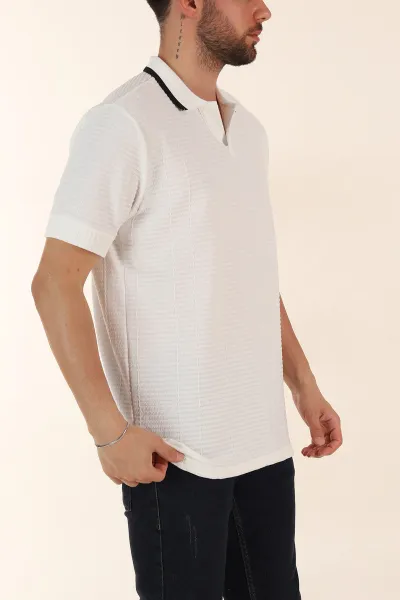 Beyaz Relaxed Fit Çizgi Detaylı Polo Yaka Erkek Tişört 370322