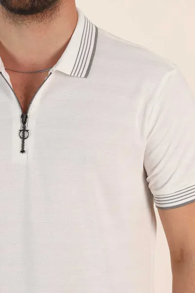 Beyaz Relaxed Fit Çizgi Dokulu Fermuarlı Polo Yaka Basic Erkek Tİşört 370235