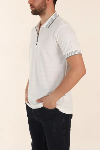 Beyaz Relaxed Fit Çizgi Dokulu Fermuarlı Polo Yaka Basic Erkek Tİşört 370235