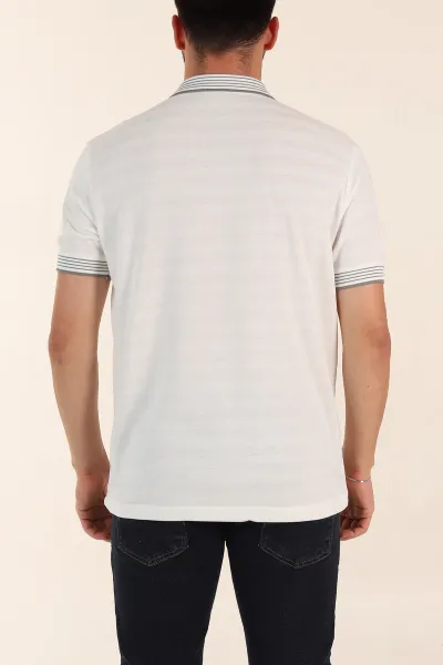 Beyaz Relaxed Fit Çizgi Dokulu Fermuarlı Polo Yaka Basic Erkek Tİşört 370235