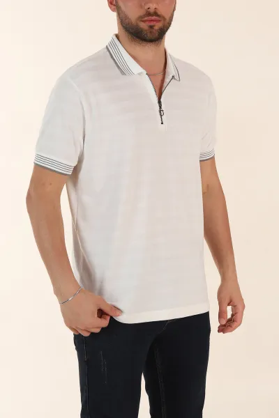 Beyaz Relaxed Fit Çizgi Dokulu Fermuarlı Polo Yaka Basic Erkek Tİşört 370235