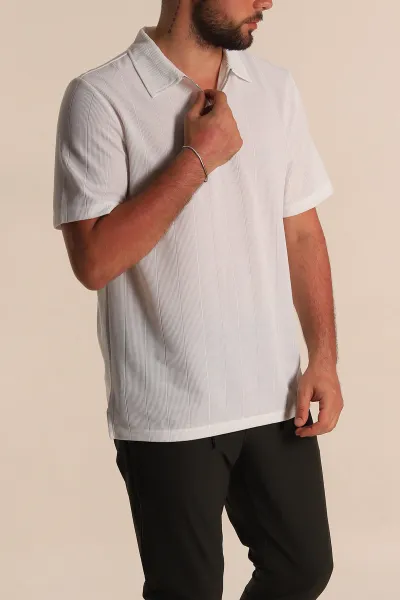 Beyaz Relaxed Fit Çizgi Dokulu Fermuarlı Polo Yaka Erkek Tişört 278931
