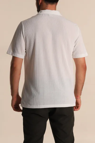 Beyaz Relaxed Fit Çizgi Dokulu Fermuarlı Polo Yaka Erkek Tişört 278931