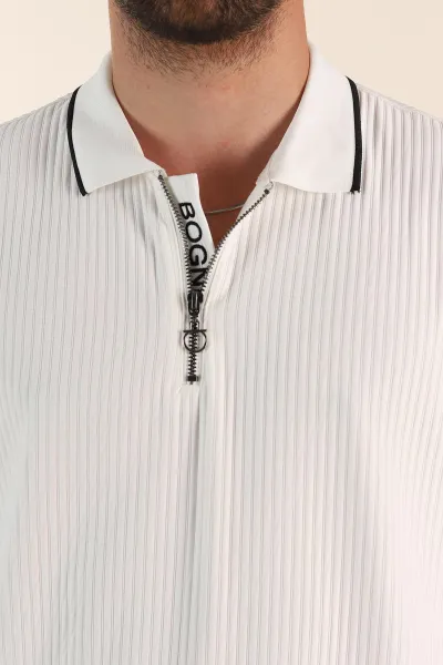 Beyaz Relaxed Fit Çizgili Fermuarlı Polo Yaka Erkek Tişört 370342
