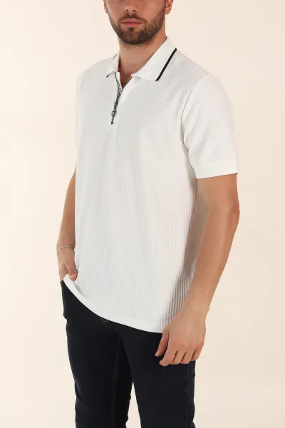 Beyaz Relaxed Fit Çizgili Fermuarlı Polo Yaka Erkek Tişört 370342