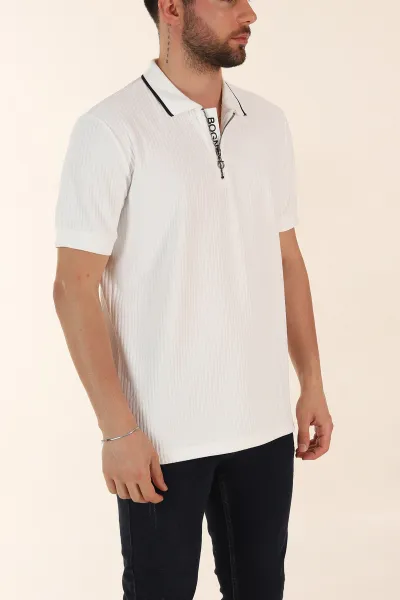Beyaz Relaxed Fit Çizgili Fermuarlı Polo Yaka Erkek Tişört 370342