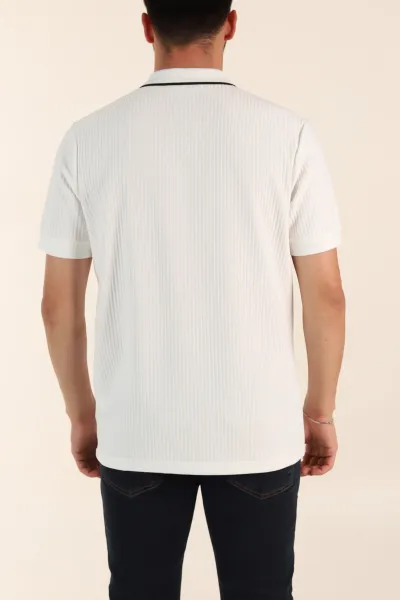 Beyaz Relaxed Fit Çizgili Fermuarlı Polo Yaka Erkek Tişört 370342