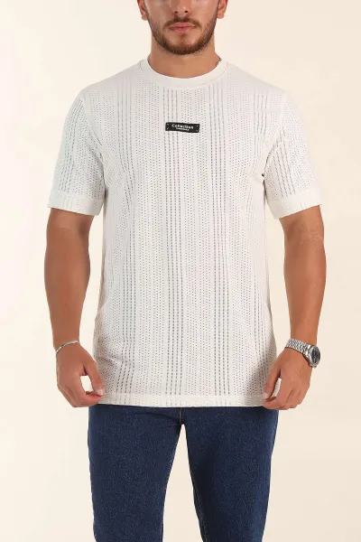 Beyaz Relaxed Fit Delikli Tasarım Yazı Detay Erkek Tişört 373076