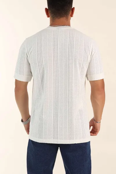 Beyaz Relaxed Fit Delikli Tasarım Yazı Detay Erkek Tişört 373076