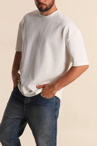 Beyaz Relaxed Fit Dokulu Basic Erkek Tişört 278887