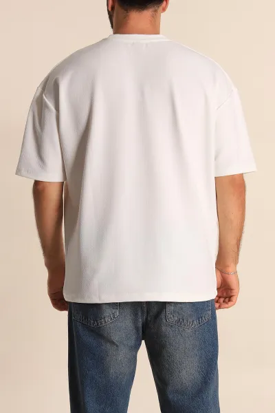 Beyaz Relaxed Fit Dokulu Basic Erkek Tişört 278887