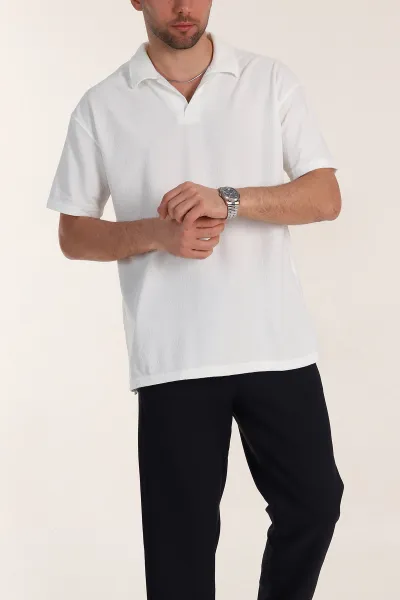 Beyaz Relaxed Fit Dokulu Basic Polo Yaka Erkek Tişört 351997