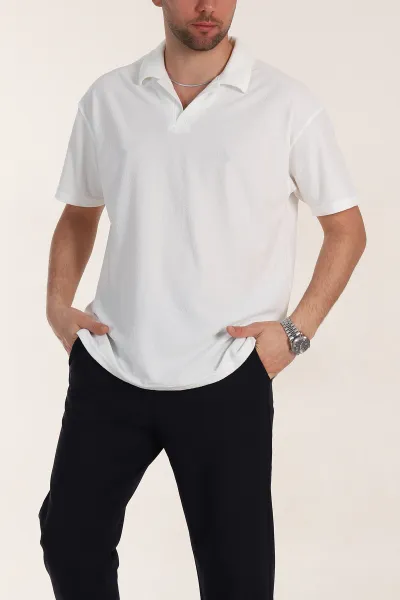 Beyaz Relaxed Fit Dokulu Basic Polo Yaka Erkek Tişört 351997