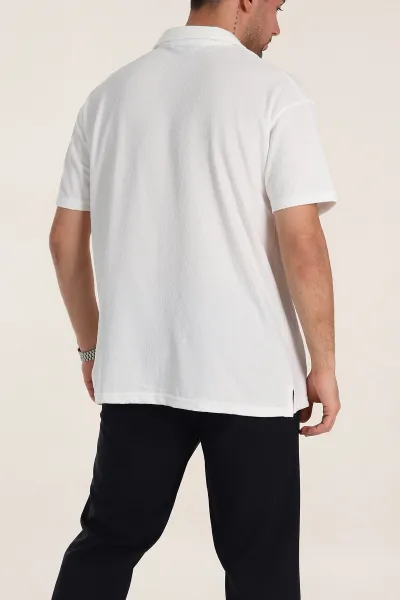 Beyaz Relaxed Fit Dokulu Basic Polo Yaka Erkek Tişört 351997