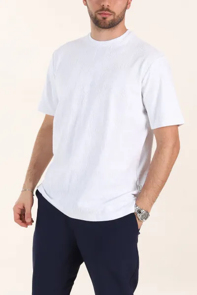 Beyaz Relaxed Fit Dokulu Erkek Tişört 358017