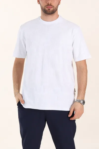 Beyaz Relaxed Fit Dokulu Erkek Tişört 358017