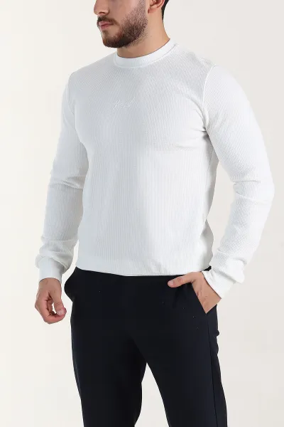 Beyaz Relaxed Fit Dokulu Kabartma Yazı Detaylı Erkek Sweatshirt 398548