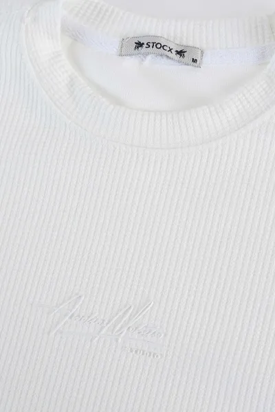 Beyaz Relaxed Fit Dokulu Kabartma Yazı Detaylı Erkek Sweatshirt 398548