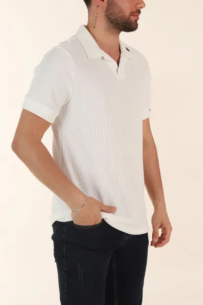 Beyaz Relaxed Fit Dokulu Patlı Polo Yaka Erkek Tişört 370269