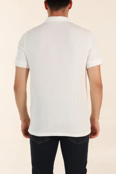 Beyaz Relaxed Fit Dokulu Patlı Polo Yaka Erkek Tişört 370269