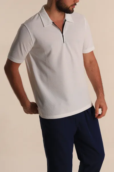 Beyaz Relaxed Fit Fermuarlı Polo Yaka Erkek Tişört 279203