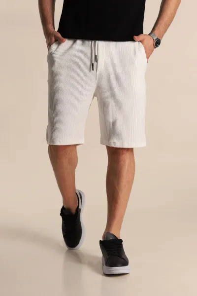 Beyaz Relaxed Fit Fitilli Doku Bel Lastikli Erkek Şort 272832