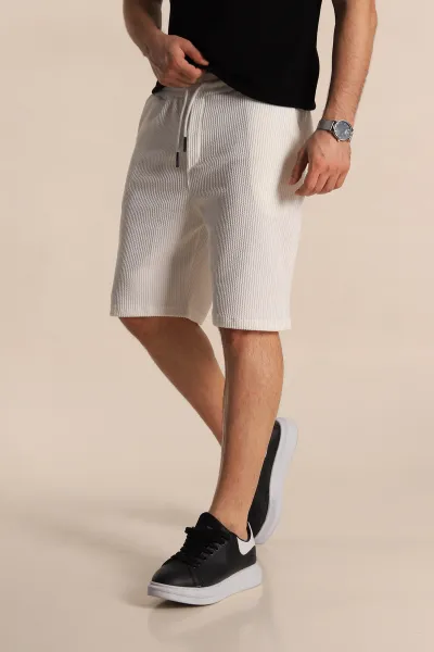 Beyaz Relaxed Fit Fitilli Doku Bel Lastikli Erkek Şort 272832
