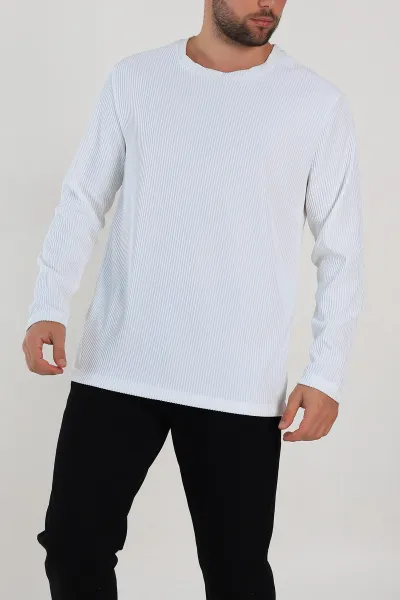 Beyaz Relaxed Fit Fitilli Doku Bisiklet Yaka Erkek Sweatshirt 314144