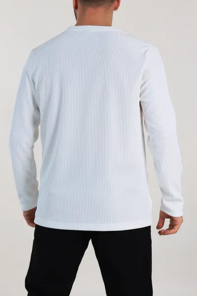 Beyaz Relaxed Fit Fitilli Doku Bisiklet Yaka Erkek Sweatshirt 314144
