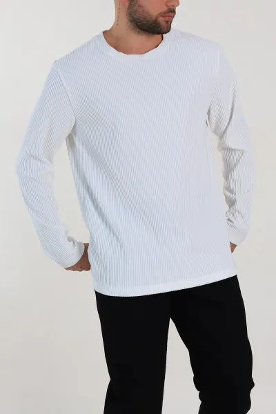 Beyaz Relaxed Fit Fitilli Doku Bisiklet Yaka Erkek Sweatshirt 314144