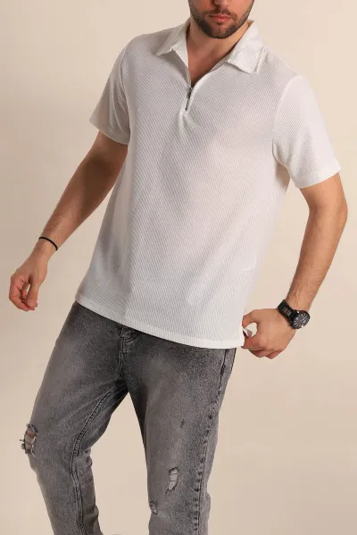 Beyaz Relaxed Fit Fitilli Doku Fermuarlı Polo Yaka Erkek Tişört 268315