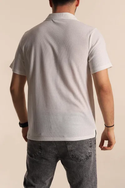 Beyaz Relaxed Fit Fitilli Doku Fermuarlı Polo Yaka Erkek Tişört 268315