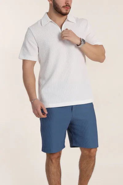 Beyaz Relaxed Fit Fitilli Doku Fermuarlı Polo Yaka Erkek Tişört 347560