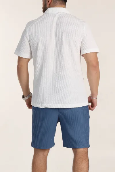 Beyaz Relaxed Fit Fitilli Doku Fermuarlı Polo Yaka Erkek Tişört 347560