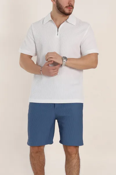 Beyaz Relaxed Fit Fitilli Doku Fermuarlı Polo Yaka Erkek Tişört 347560