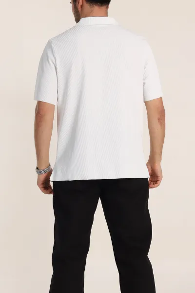 Beyaz Relaxed Fit Fitilli Doku Fermuarlı Polo Yaka Erkek Tişört 348150