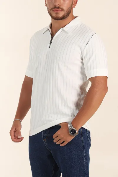 Beyaz Relaxed Fit Fitilli Doku Fermuarlı Polo Yaka Erkek Tişört 373054