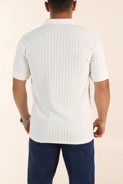 Beyaz Relaxed Fit Fitilli Doku Fermuarlı Polo Yaka Erkek Tişört 373054
