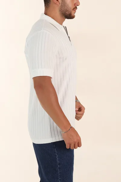 Beyaz Relaxed Fit Fitilli Doku Fermuarlı Polo Yaka Erkek Tişört 373054