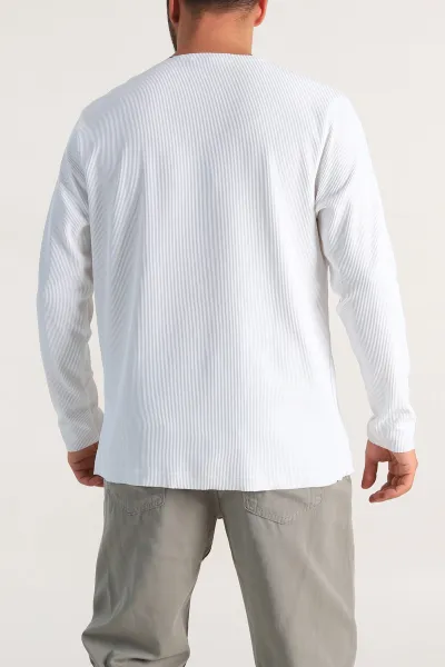 Beyaz Relaxed Fit Fitilli Doku Geniş Yaka Erkek Sweatshirt 300055