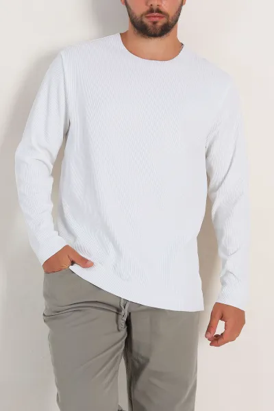 Beyaz Relaxed Fit Fitilli Doku Geniş Yaka Erkek Sweatshirt 300055