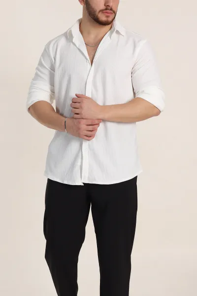Beyaz Relaxed Fit Fİtilli Doku Likralı Erkek Gömlek 350005