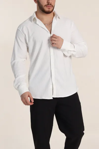 Beyaz Relaxed Fit Fİtilli Doku Likralı Erkek Gömlek 350005