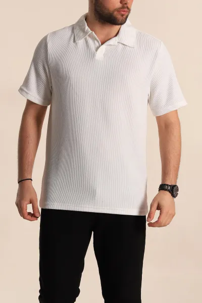 Beyaz Relaxed Fit Fitilli Doku Polo Yaka Erkek Tişört 268867