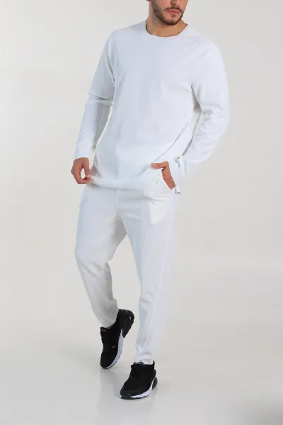 Beyaz Relaxed Fit Fitilli Dokulu Erkek Eşofman Takımı 300073