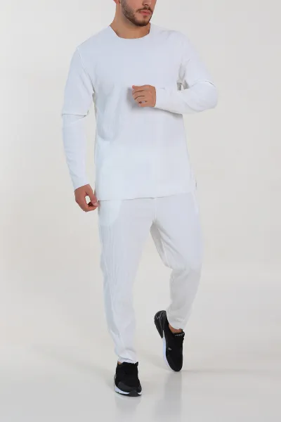 Beyaz Relaxed Fit Fitilli Dokulu Erkek Eşofman Takımı 300073