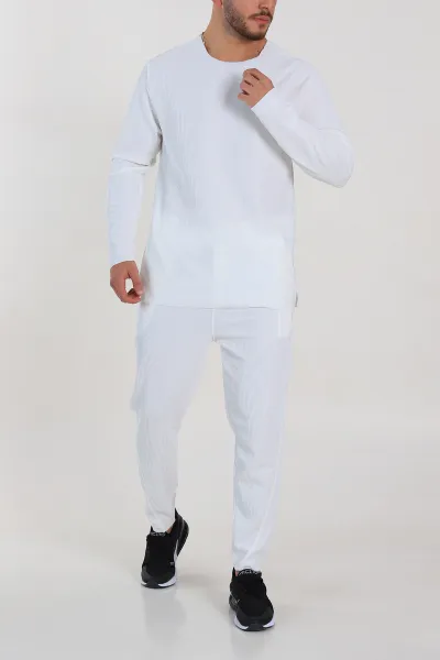 Beyaz Relaxed Fit Fitilli Dokulu Erkek Eşofman Takımı 300073