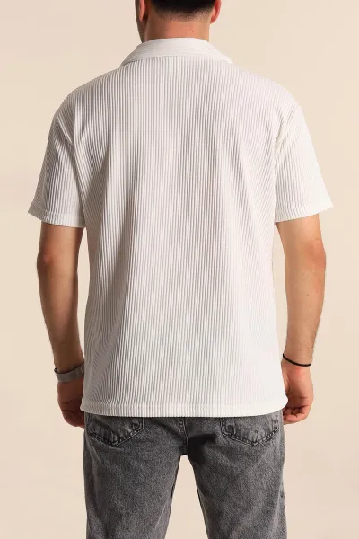 Beyaz Relaxed Fit Fitilli Dokulu Jakarlı Fermuarlı Polo Yaka Erkek Tişört 270755