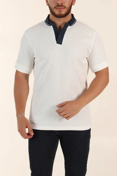 Beyaz Relaxed Fit Gizi Düğmeli Polo Yaka Erkek Tişört 370274