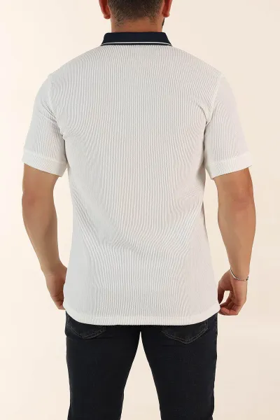 Beyaz Relaxed Fit Gizi Düğmeli Polo Yaka Erkek Tişört 370274